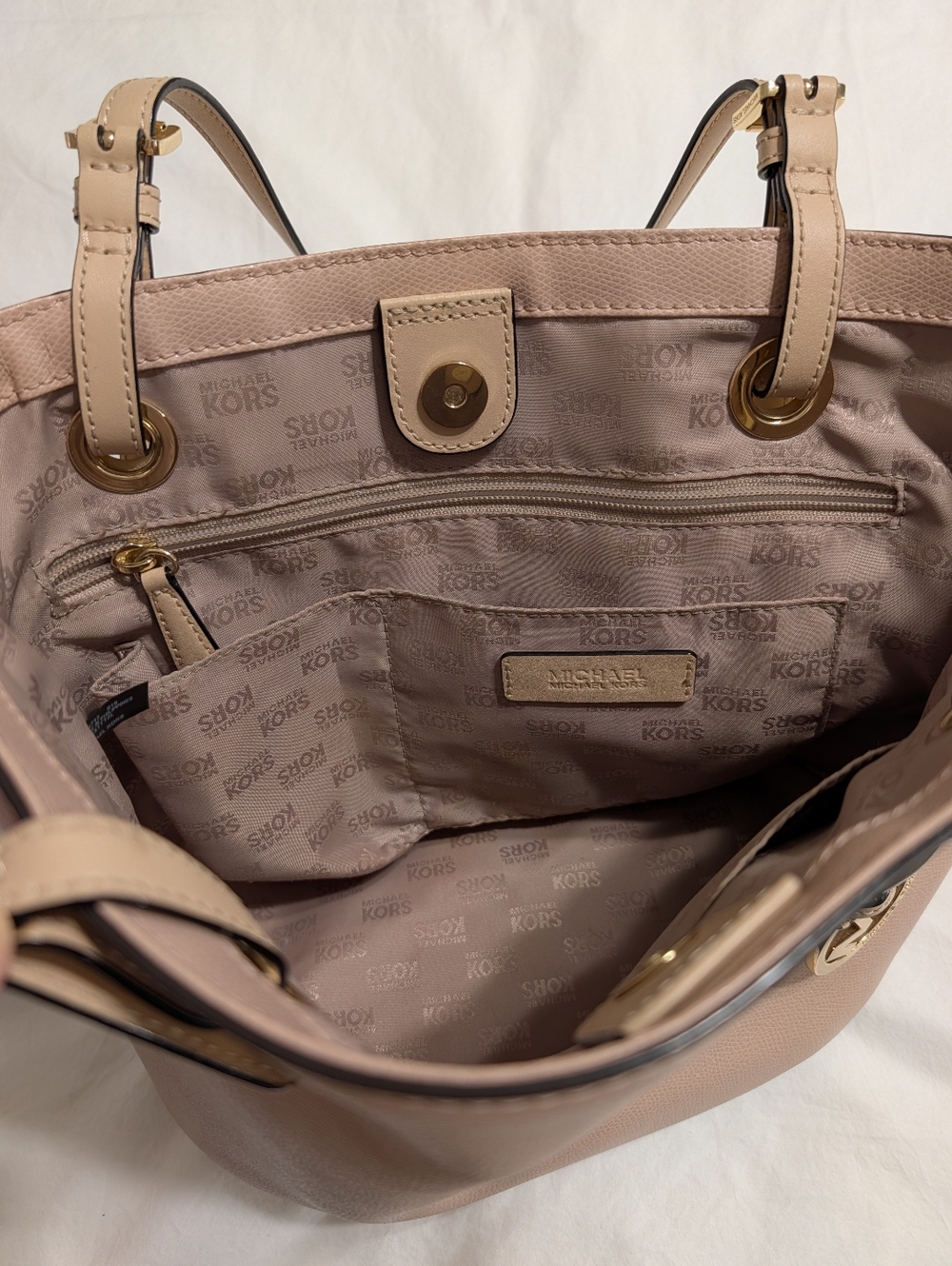Michael Kors Ballet Pink & Tan Leather Jet Set Style Open Top Tote Purse - Picture 5 of 6